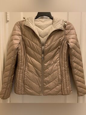 Michael Kors Reversible Packable Chevron Puffer Jacket MK Logo Hooded Small